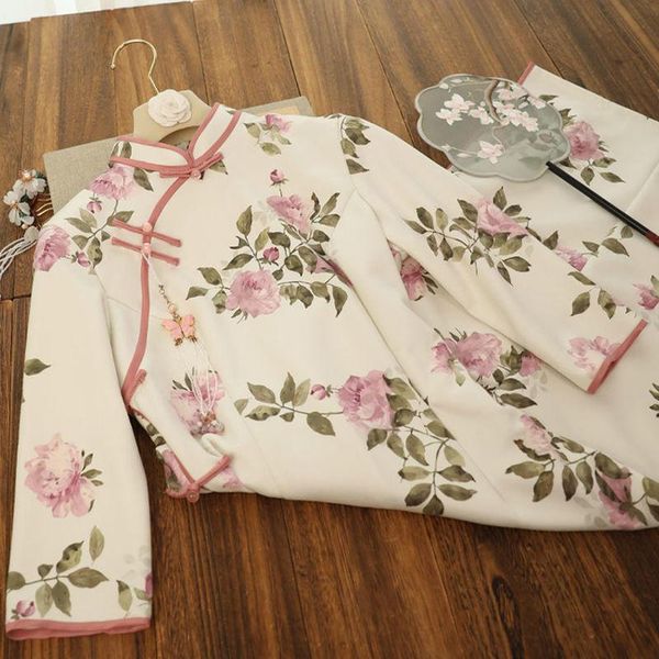

ethnic clothing chinese cheongsam autumn daily qipao woman young style elegant split dress female floral, Red