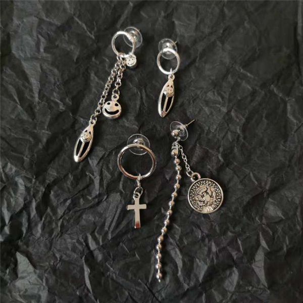 

hbp fashion punk hip hop asymmetric cross style dark black coin figure bead tassel earrings, Silver