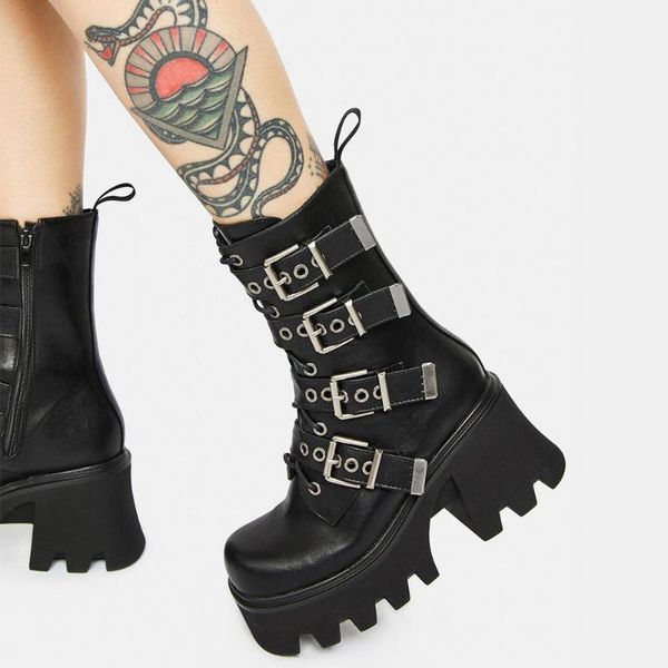 

boots doratasia big size 42 punk women high heel buckle strap solid platform trendy comfy goth shoes, Black