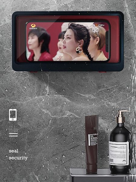 

tablet or phone holder waterproof case box wall mounted all covered mobile phone shelves self-adhesive shower accessories