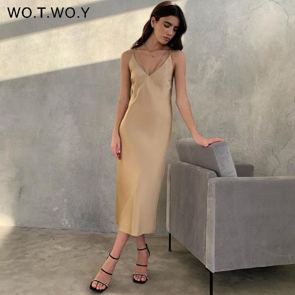 

casual dresses wotwoy summer v-neck backless silk women elegant spaghetti strap bodycon dress female high waisted party vestidos 2021, Black;gray