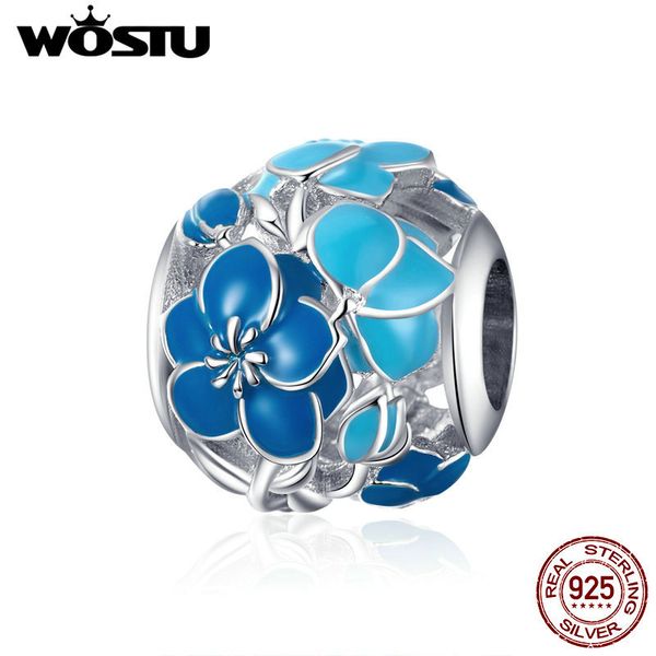 Wostu Blue Blossom Flor Grânulos 100% 925 Sterling Silver Charm Fit Pulseira Original Pingente de Prata Diy Jóias Fazendo CTC087 Q0531