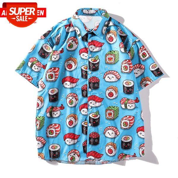 

aelfric eden cartoon sushi print harajuku men shirts japanese style streetwear loose short sleeve 2020 hip hop cotton blue #fd40, White;black