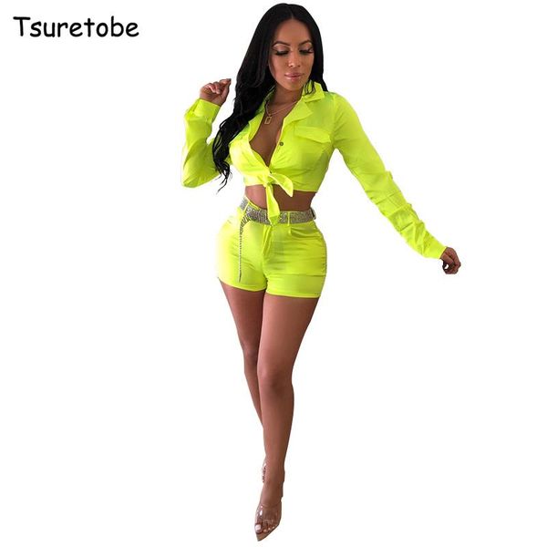 

women's tracksuits tsuretobe fluorescent two piece set women long sleeve knot crop and high waist shorts deep v-neck party outfits, Gray