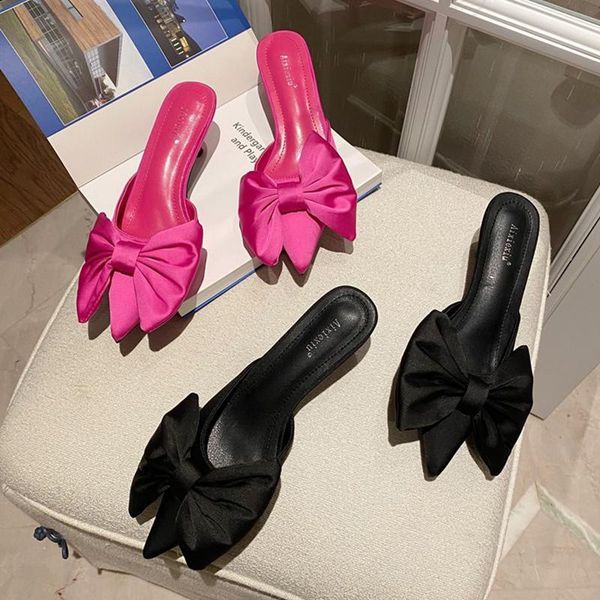 

spring new women slippers butterfly-knot kitten heels pointed toe stiletto high heels slippers baotou half drag party shoes, Black