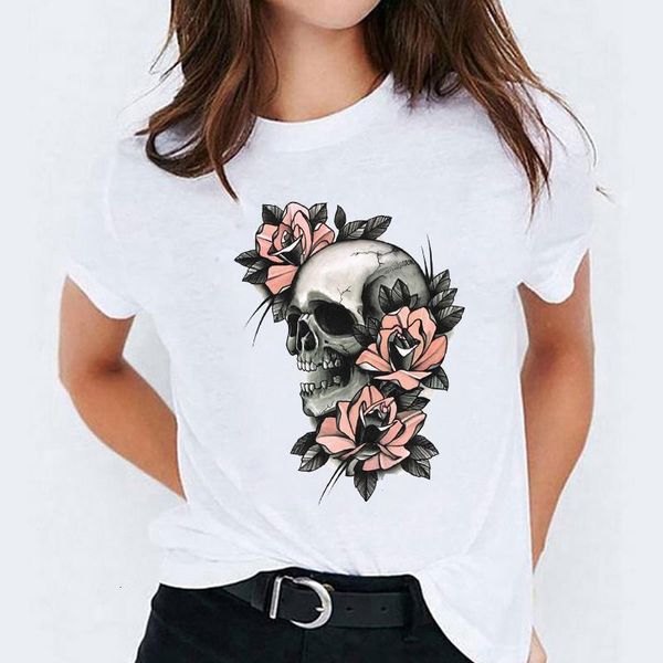 

t shirt for women short sleeve floral skull mujer camisetas halloween print lady t-shirts female tee womens graphic t-shirt, White