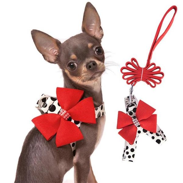 

dog collars & leashes soft suede leather small pet harness for dogs puppy chihuahua yorkie cute with leash bow rhinestones animal vest