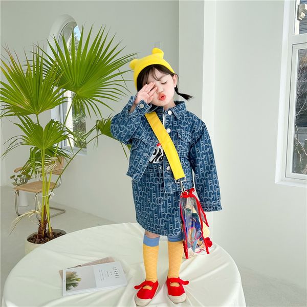 

2021 new spring baby girl 2-pcs sets long sleeves denim jacket + skirts fashion outfits kids clothes e2056, White