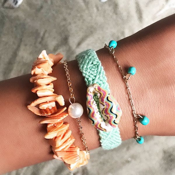 

bz0987 beach style hand accessories fashion popular woven color gravel shell bracelet combination, Silver
