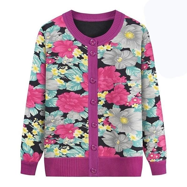

women's knits & tees autumn sweater middle-aged mom wear o-neck single breasted knit ladies jacket casual printing coat, White