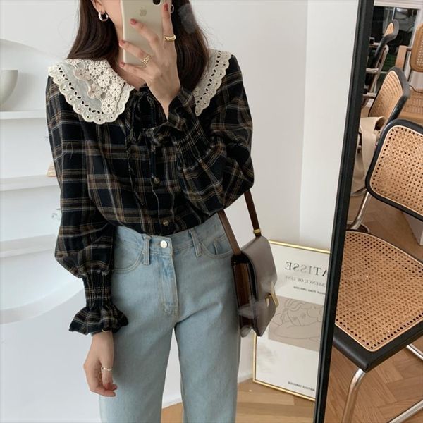 

autumn plaid fashion korean peter womens blouses pan collar long sleeve casual loose retro shirts women sweet elegant, White