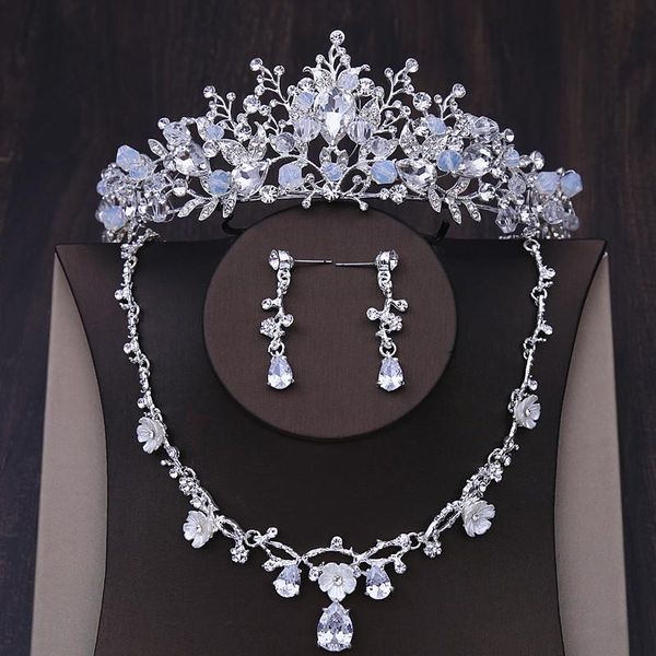 

earrings & necklace baroque floral crystal beads bridal jewelry set rhinestone crown party tiara wedding african, Silver