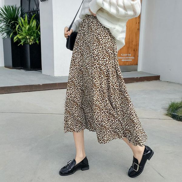 

skirts spring autumn leopard print long 2021 fashion women high waist floral a-line, Black