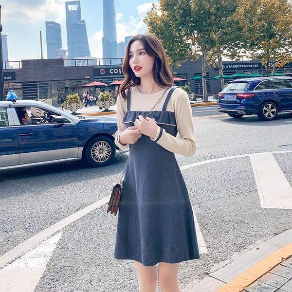 

casual dresses 2021 spring autumn fashion chic french vintage splicing long sleeve fake two pieces slim o neck short knitted dress y241, Black;gray