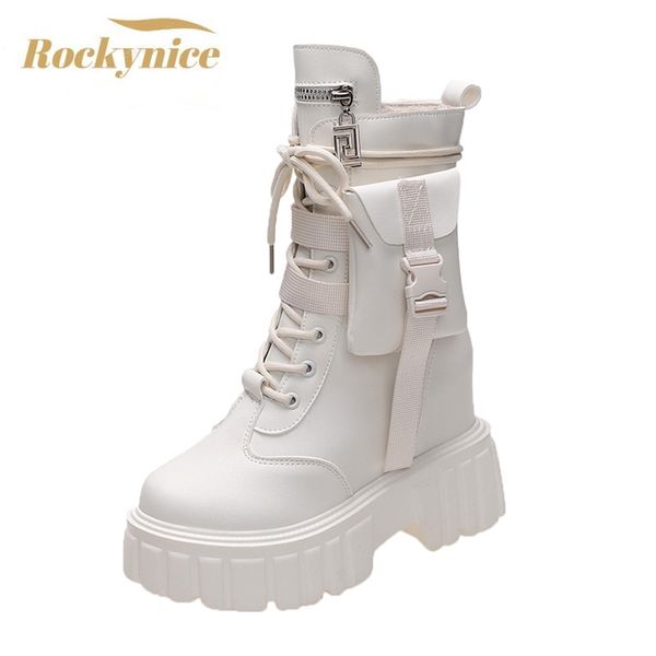 

winter warm ankle boots for women leather short boots round toe high platform fur motorcycle boots thick heel sneakers shoe 10cm 211103, Black