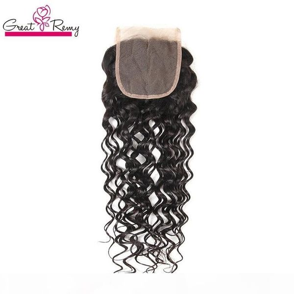 

greatremy water wave lace closure 100% indian remy hair weave big curly part 4*4 lace closure hairpieces natural color dyeable, Black