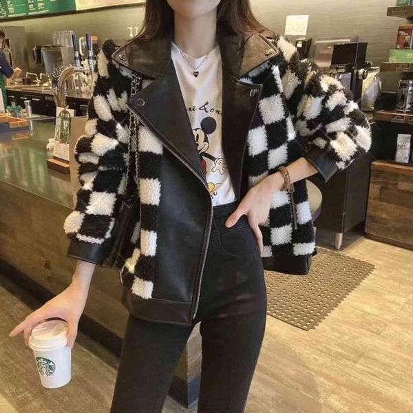 

adan's new black white checkerboard plaid short coat in autumn and winter women's fashion net red loose hairy et, Black;brown