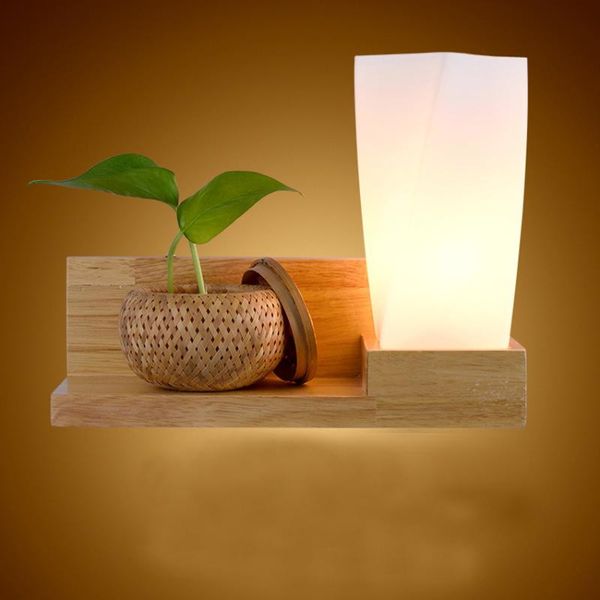 

chinese style wooden wall light for bedroom bedside reading light 30*28cm wood base glass lampshade balcony aisle led lighting
