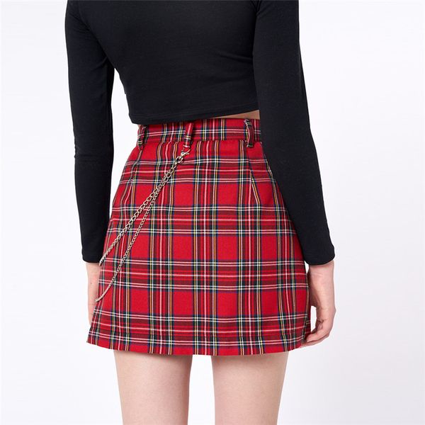 

streetwear punk high waist red plaid mini skirts women gothic a-line skirts with chain female, Black
