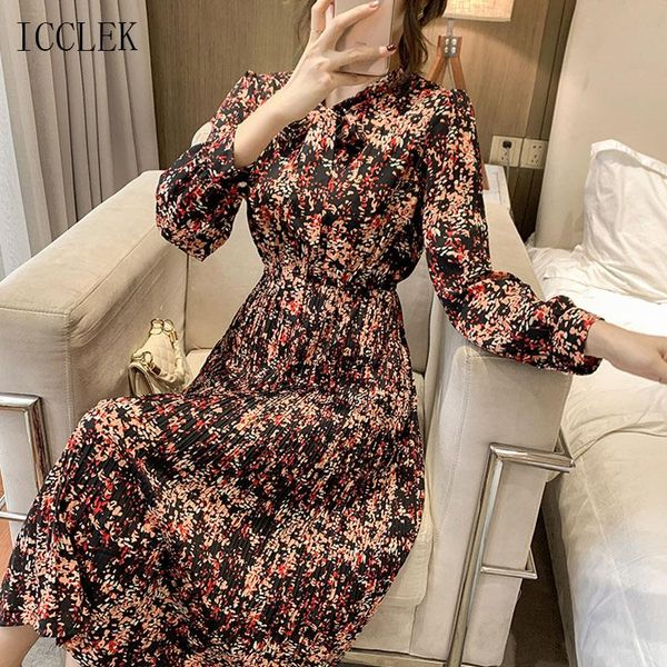 

casual dresses korean one-piece fashion chiffon dress office ladies 2021 spring elegant sweet street robe female midi, Black;gray