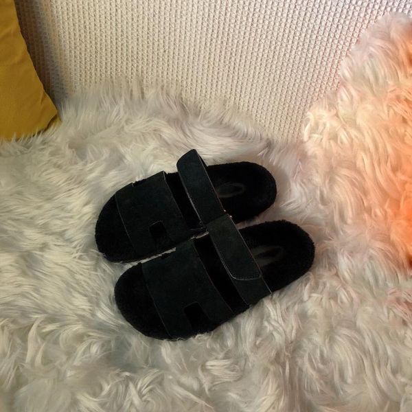 

slippers women's shoes in autumn and winter of 2021 one-line belt wool retro flat bottomed, Black