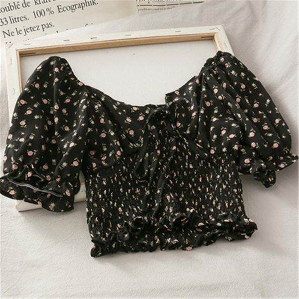 

korean new women clothes elegant floral print blusas mujer 2021 summer short bandage bow blouses chiffon fashion shirts, White