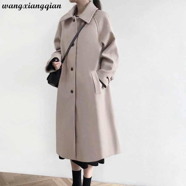 

women's wool & blends outercoat autumn winter casual loose woolen coats female single-breasted turn-down collar long outerwear z102, Black