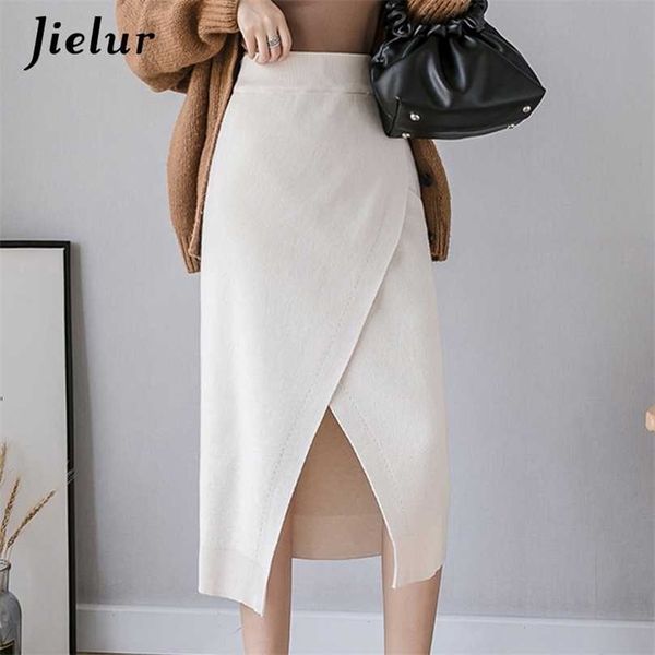 

jielur split women skirt slim solid color chic saia faldas elastic waist skirts korean knitted womens autumn winter 211109, Black