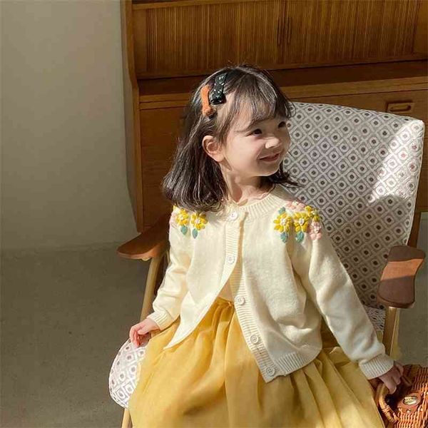 

girls fashion flower embroidery sweaters baby girl soft long sleeve single-breasted cardigans 210708, Blue