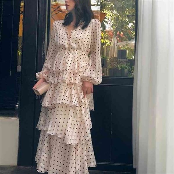 

early autumn australia vintage gold line polka dot cake ankle-length dress high waist v-neck ruffled women 210603, Black;gray