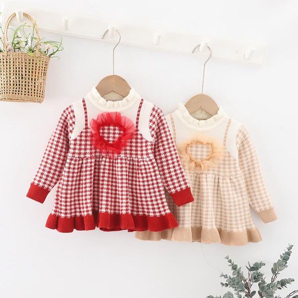 

girl's dresses sweet autumn winter girls princess kids children baby plaided knitted dress heart long sleeve knitwear vestidos s12918, Red;yellow