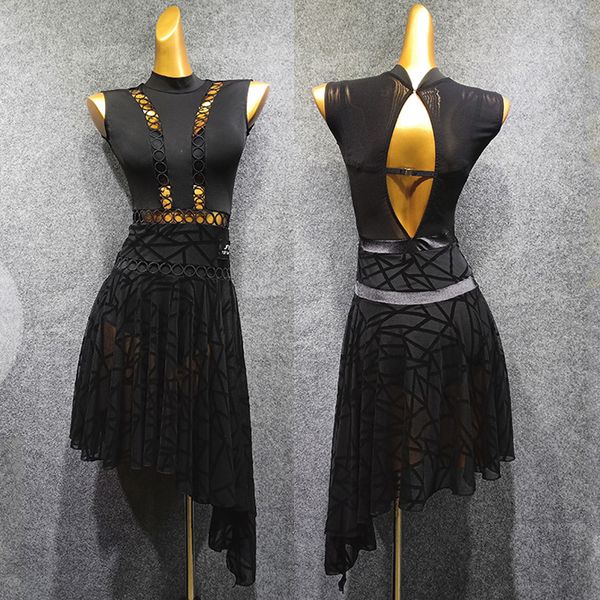 

new latin dance dress practice clothes women open back hollow black lace latin dresses club dance performance costume 1632, Black;red