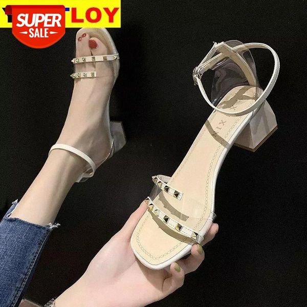 

women sandals summer shoes thick high heels ankle strap woman party shoes brand fashion rivet transparent pu leather sandals new #bo7s, Black