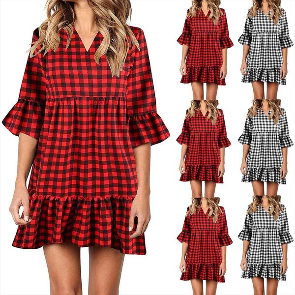 

mid large size plaid women dress striped ruffle summer plus casual cute v neck loose vestidos, Black;gray