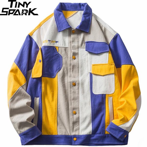 

men's jackets hip hop streetwear color block patchwork denim jacket embroidery letter coat 2021 men autumn harajuku cotton, Black;brown