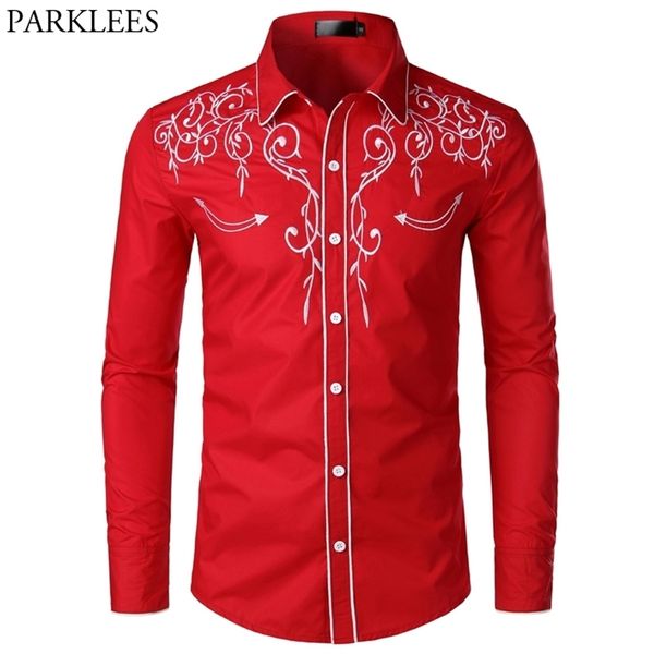 

floral embroidery red tuxedo shirt male brand slim long sleeve mens dress s chemise homme wedding party for men 210809, White;black