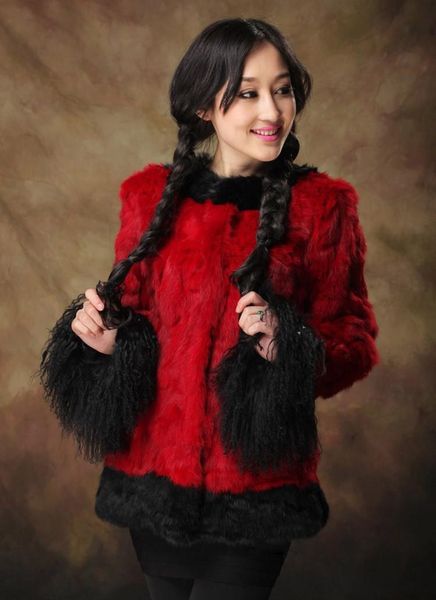 

women's fur & faux real natual genuine coat with lamb sleeve jacket women fashion winter outwear, Black