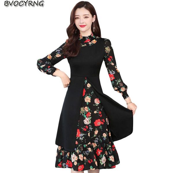 

casual dresses 2021 women spring fashion print chiffon vestido fake 2 piece autumn winter bottom dress female plus size long, Black;gray