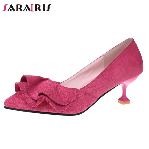 

dress shoes sarairis female ol med thin heels pumps 2021 pointed toe date women spring elegant ruffles shallow woman, Black