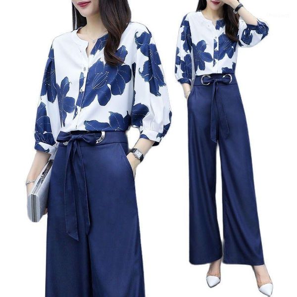 

women's tracksuits fashion suit spring/summer women clothing 2021 shirt 2 piece set printed casuallarge size wwide leg pants, Gray