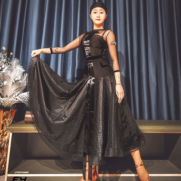 

ballroom dance dress female modern mesh black long dress waltz dance wear tango performance clothing stage costume vdb2801, Black;red