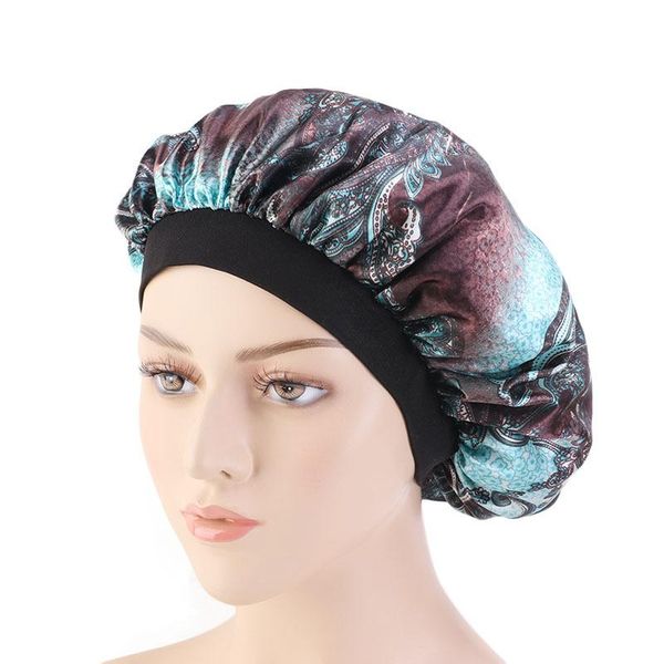 

muslim fashion women comfortable wide band satin elastic bonnet hair cap ladies turban night sleep hat hair chemo cap, Blue;gray