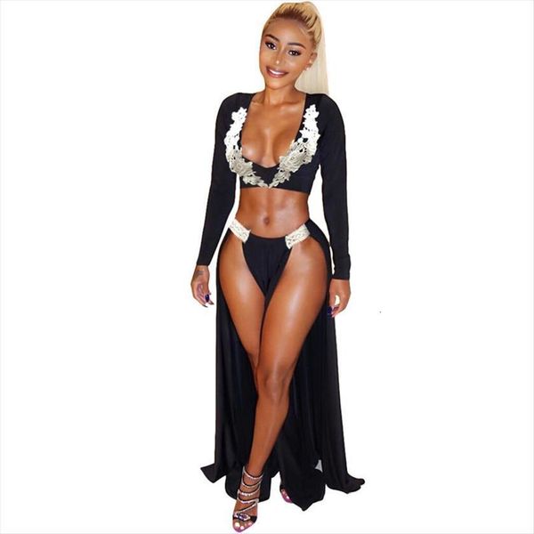 

party two piece womens tracksuits sets long sleeve v neck floral crop and high split maxi skirt set, Gray