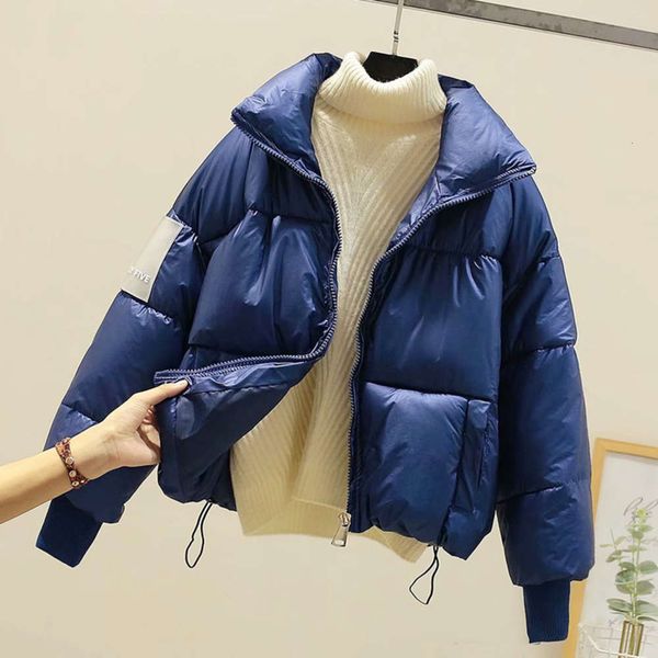 

2020 new off season fashion stand collar down cotton padded women's short korean bright face bread jacket loose and thickened patent, Black