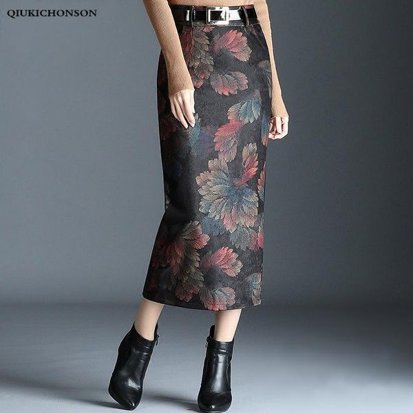 

skirts vintage flower print long wool skirt women autumn winter elegant office ladies back slit pencil kokerrok, Black