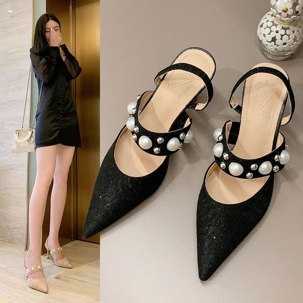 

slippers 2021 pointed pearl baotou women sandals stiletto high heel mules, Black