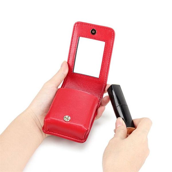 

fashion women's cosmetic bag genuine cow leather lipstick purse with mirror mini makeup carry-on pouch stud clutch pocket