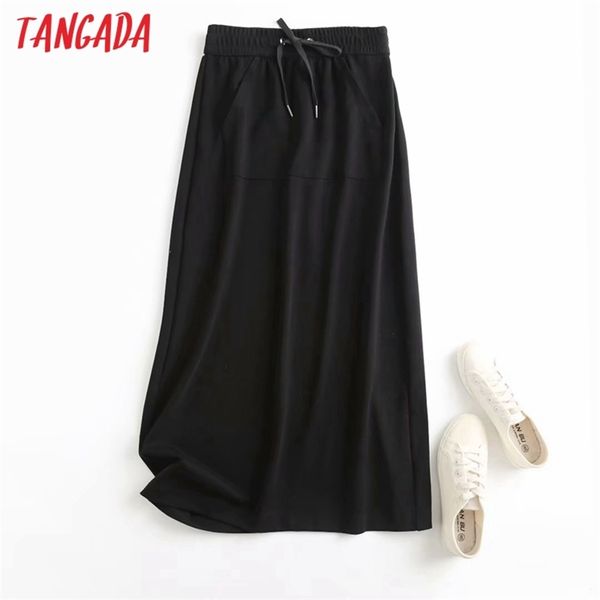 Tangada Frauen Hohe Qualität Schwarz Baumwolle Midi Rock Vintage Strethy Taille Damen Elegante Chic Mid Calf Röcke 4C57 210708