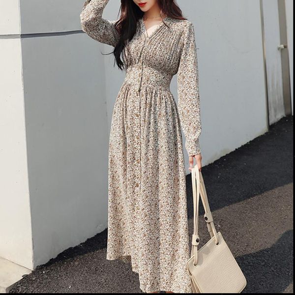 

yamdi bohemian vintage v neck korean polka dot long sleeve dress women 2021 spring autumn print floral pleated dresses midi, Black;gray