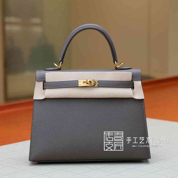 

designer handbags 2021 pure manual wax thread sewing bag epsom pikelli women's bag tin gray kl25cm gold buckle messenger bag bb